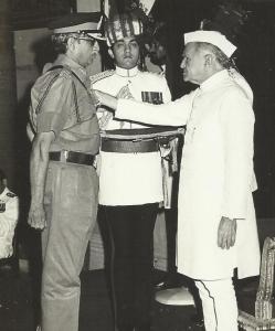 Maj. Gen. Reddy receiving the Param Vishisht Seva Medal from the President of India, Mr. F. A. Ahmed